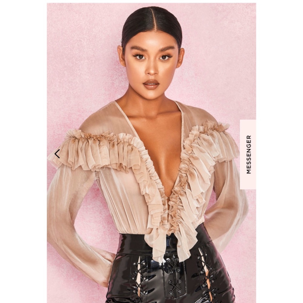 Beige plunge ruffle Bodysuit. Never worn before!